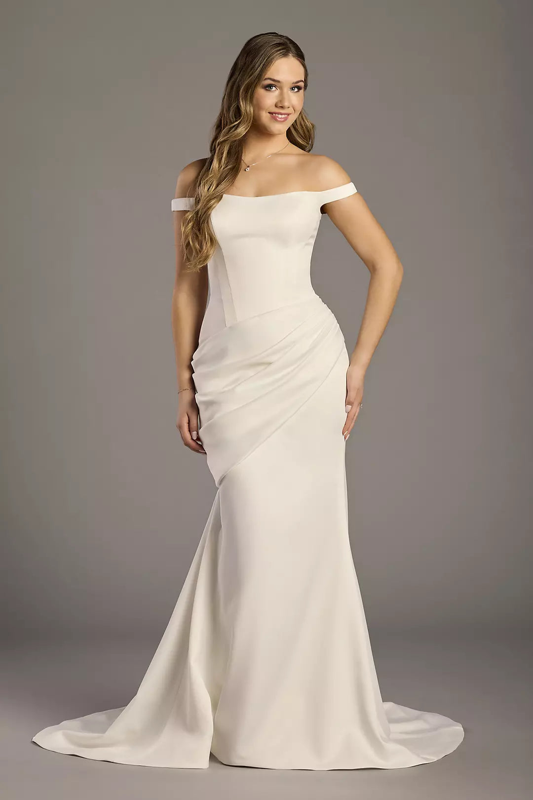 Satin Off-the-Shoulder Side-Draped Mermaid Gown