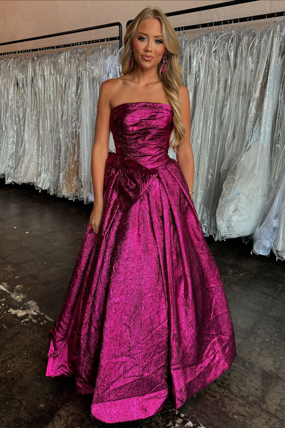 Long A-Line Strapless Prom Dress in Fuchsia Metallic with Ruched Detail and Bow