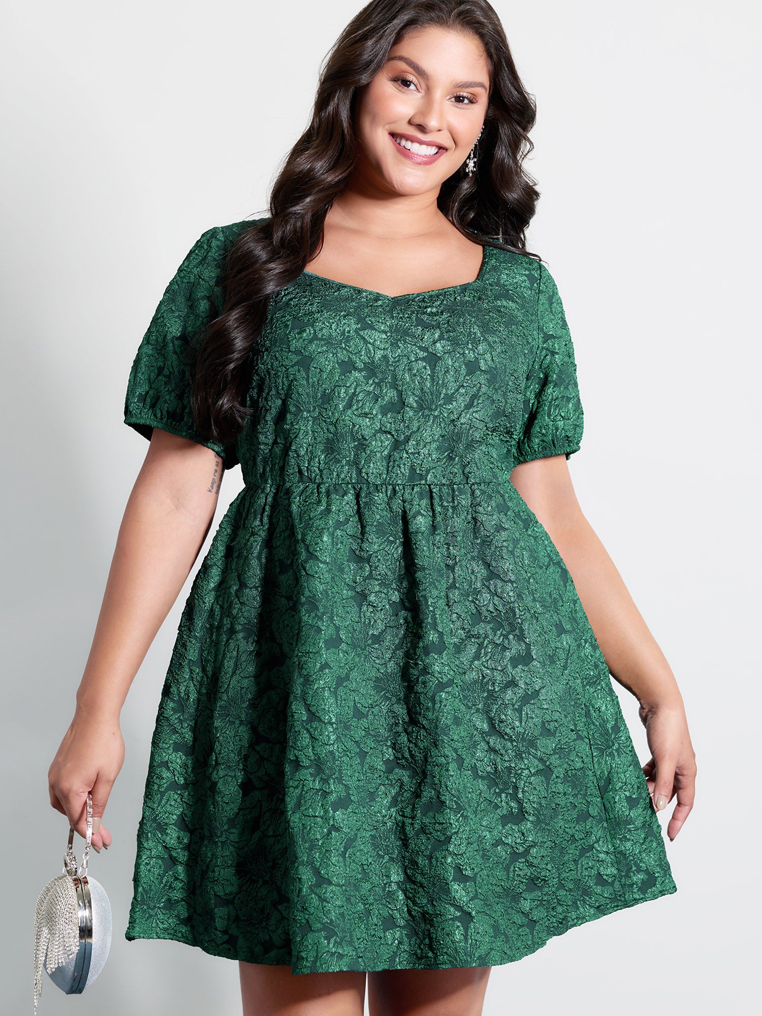 Textured Jacquard Puffy Sleeve Knee Dress