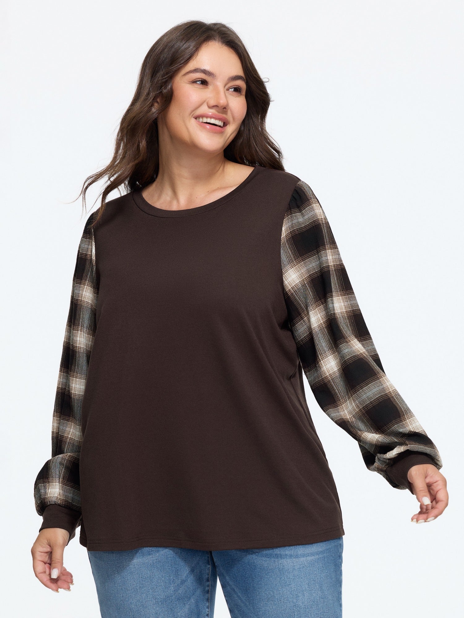 Crew Neck Contrast Plaid Lantern Sleeve Patchwork Sweatshirt