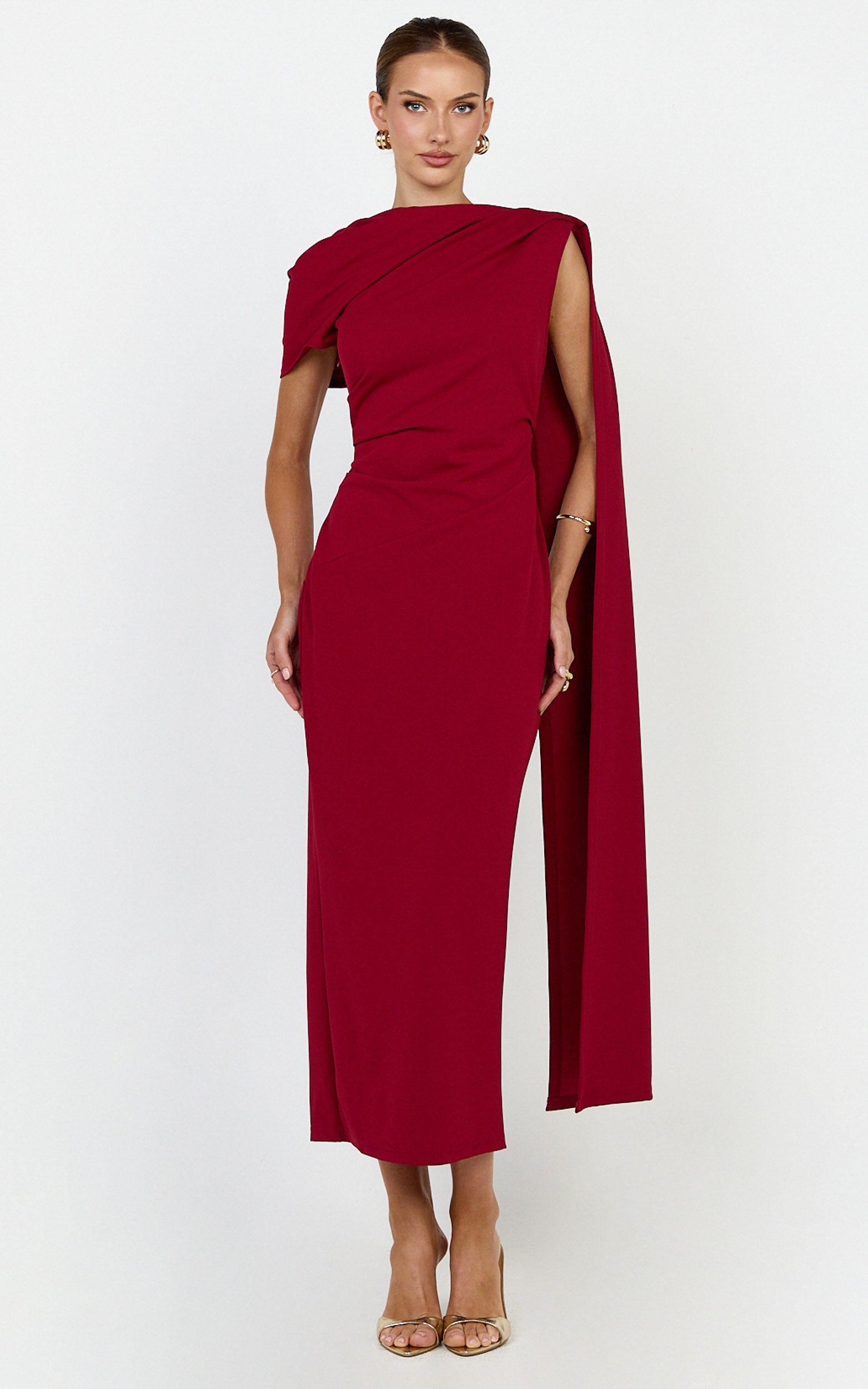 Visenta Midi Dress - Asymmetrical Sleeve Dress in Wine