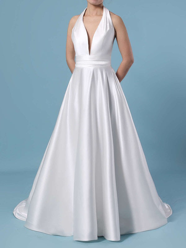 Sexy Halter Backless Satin Sweep Train Wedding Dresses with Ruffles