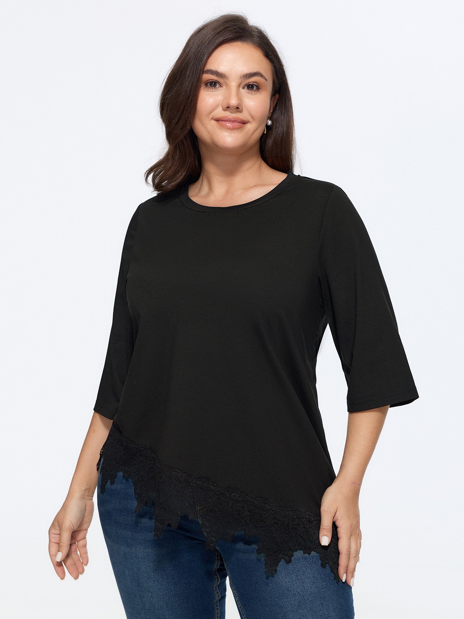 Cotton Stretchy Lace Trim Long Length T-Shirt