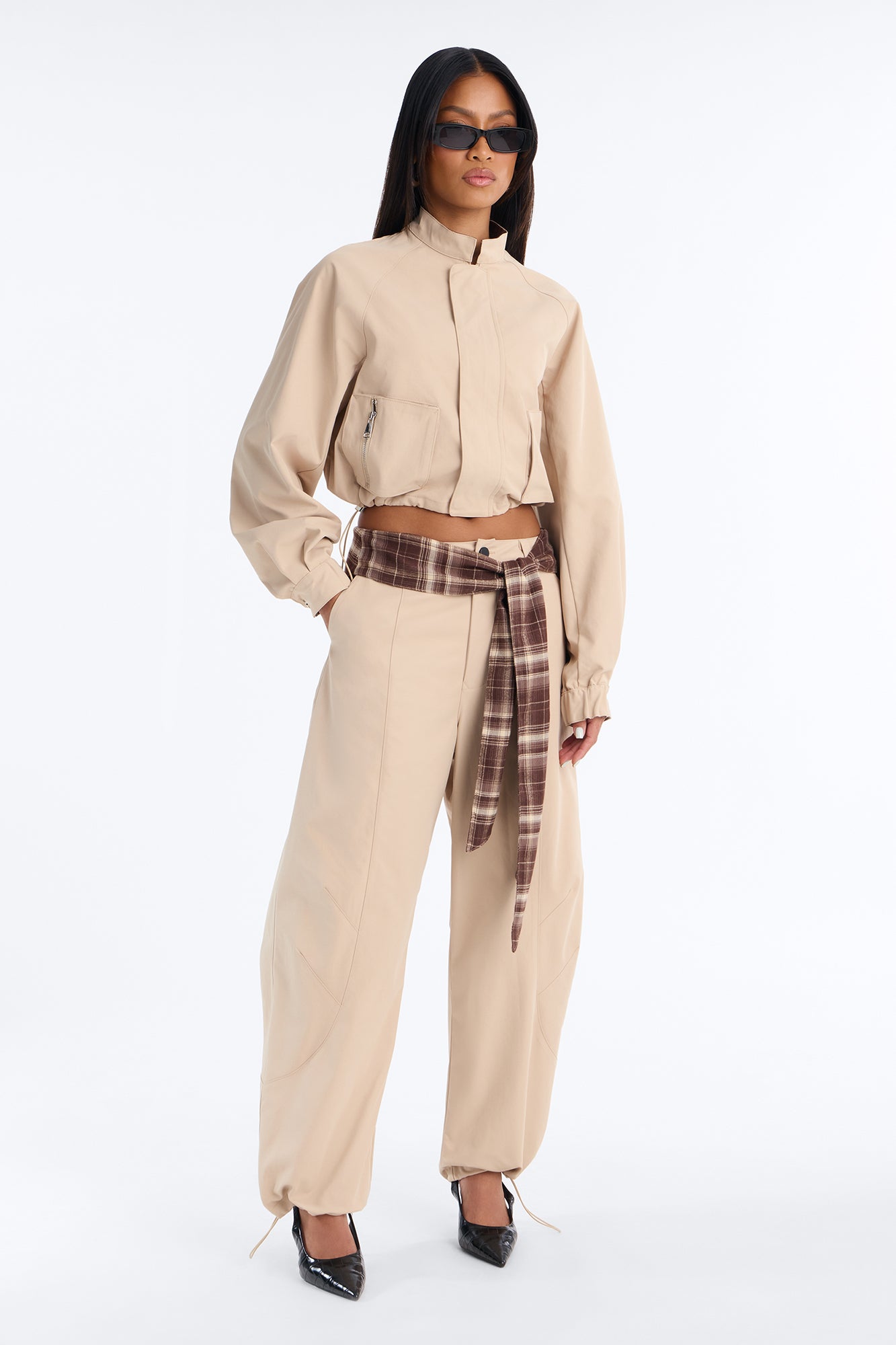 Kamri Belted Barrel Leg Pant Set - Beige