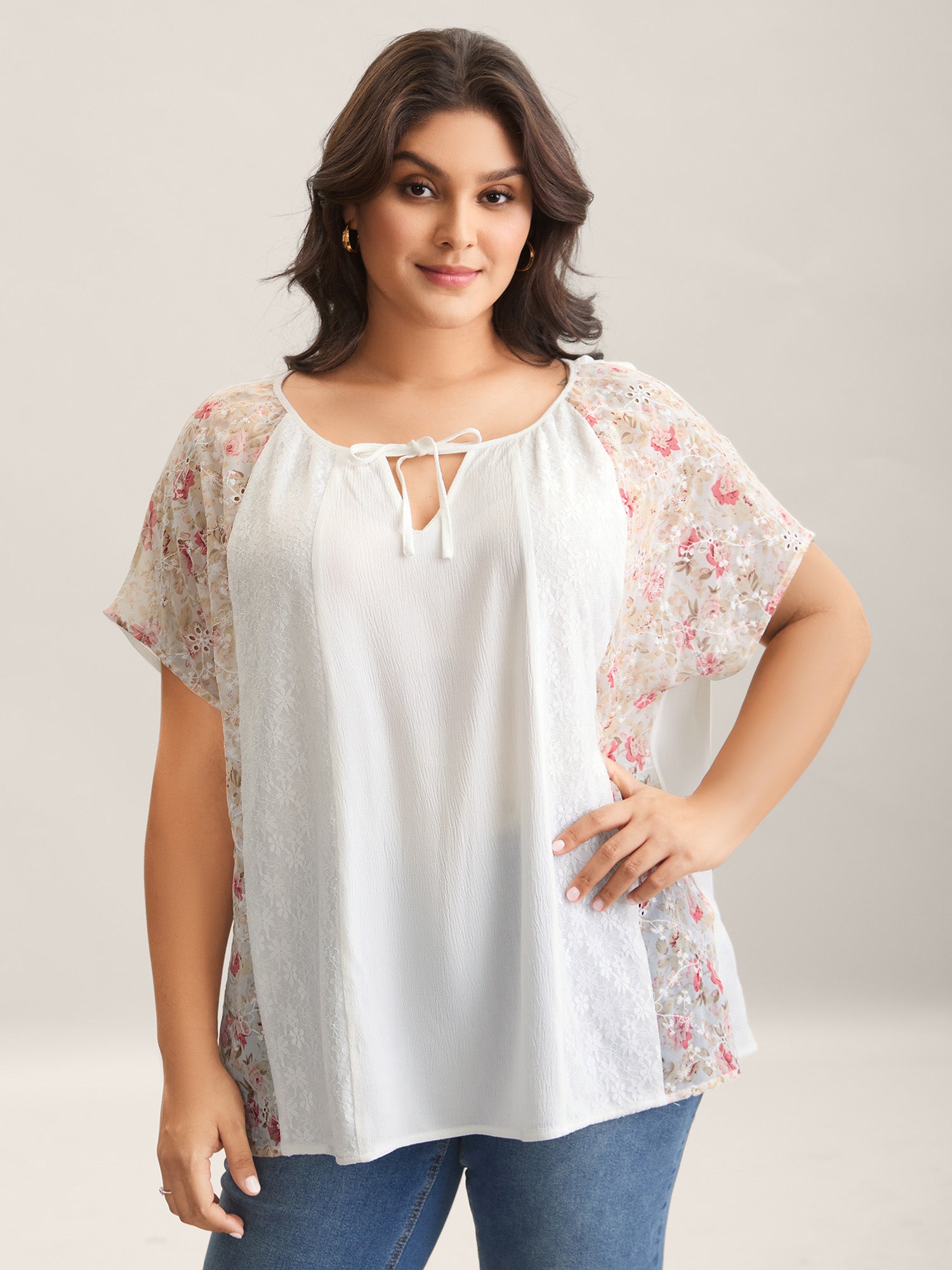 Floral Print Panel Sheer Keyhole Blouse