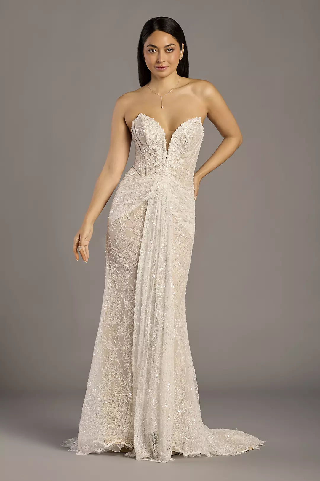 Allover Beaded Lace Strapless Sheath Wedding Dress