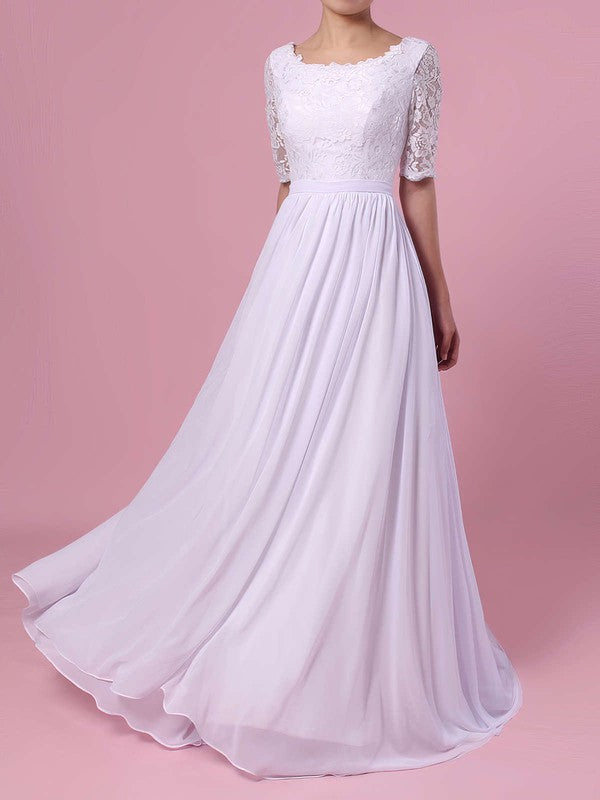 Elegant A-Line Scoop Neck Lace Half Sleeves Chiffon Wedding Dresses with Sweep Train