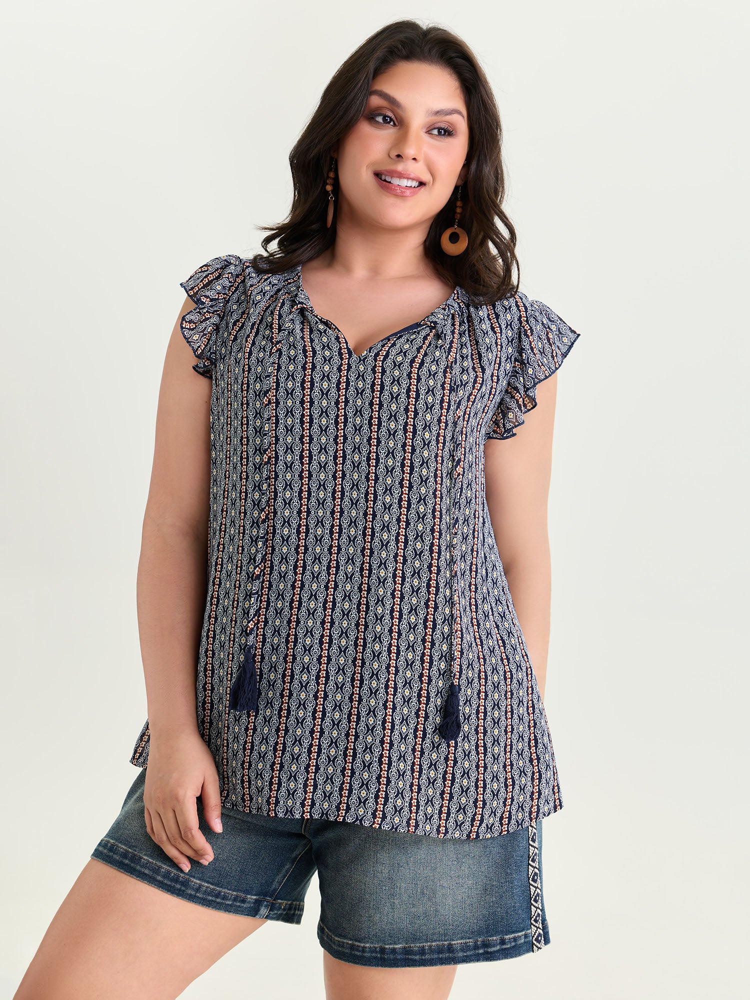 Geometric Print Flutter Sleeve Tassels Blouse