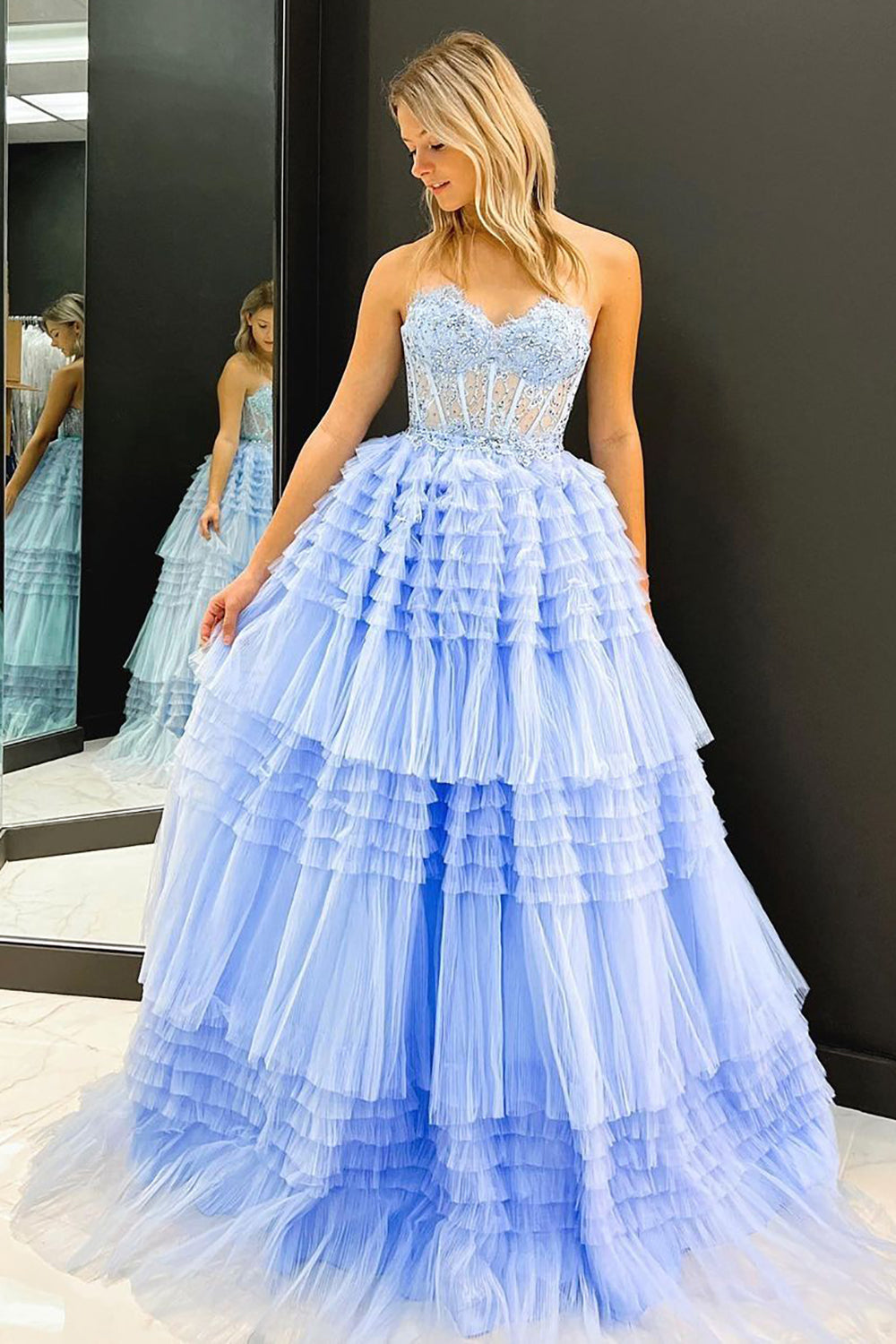 Blue Tulle Long Prom Dress with Ruffles in a Sweetheart A-Line Princess Cut
