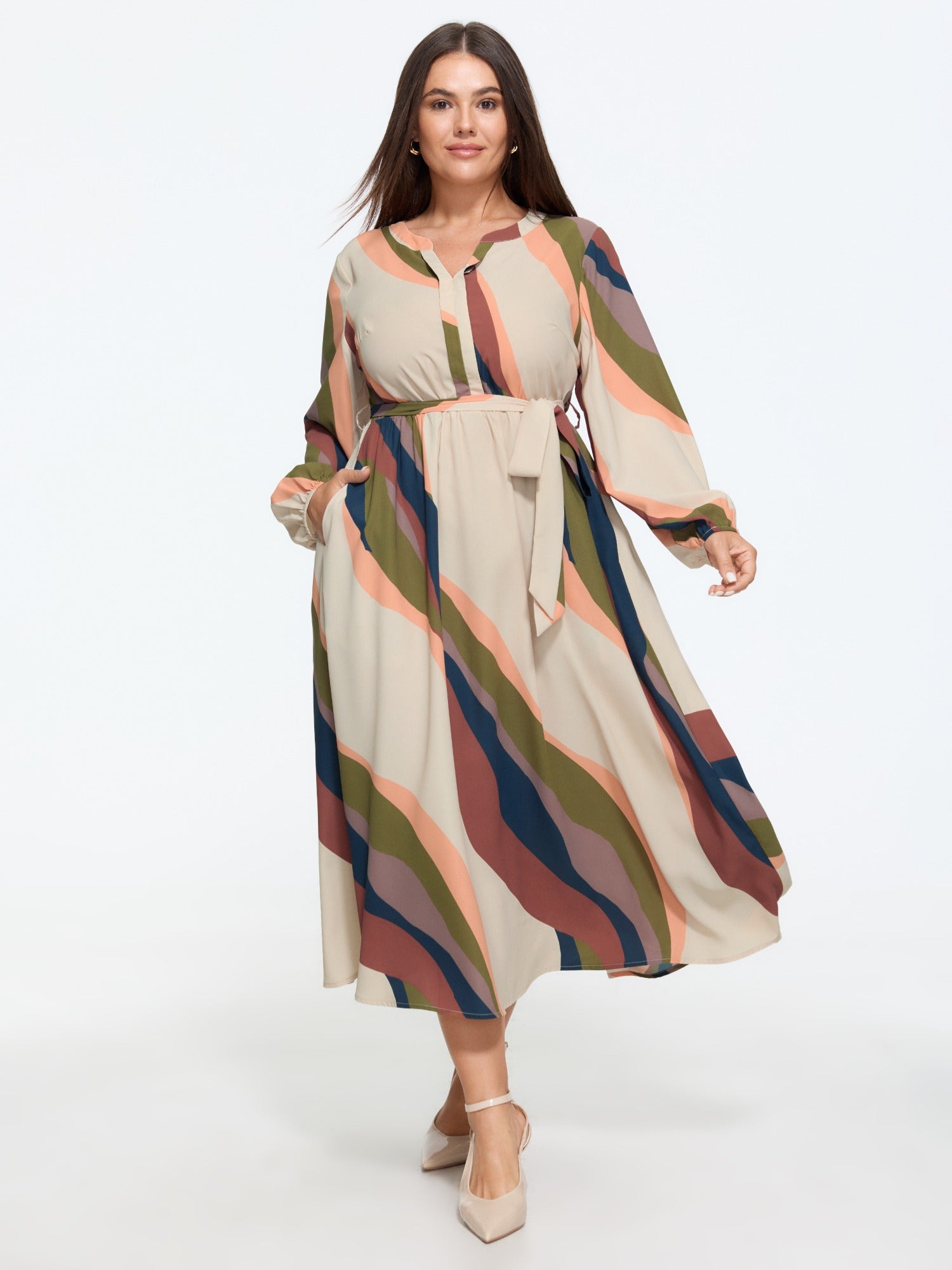 Abstract Print Color Block Tie Waist Midi Dress