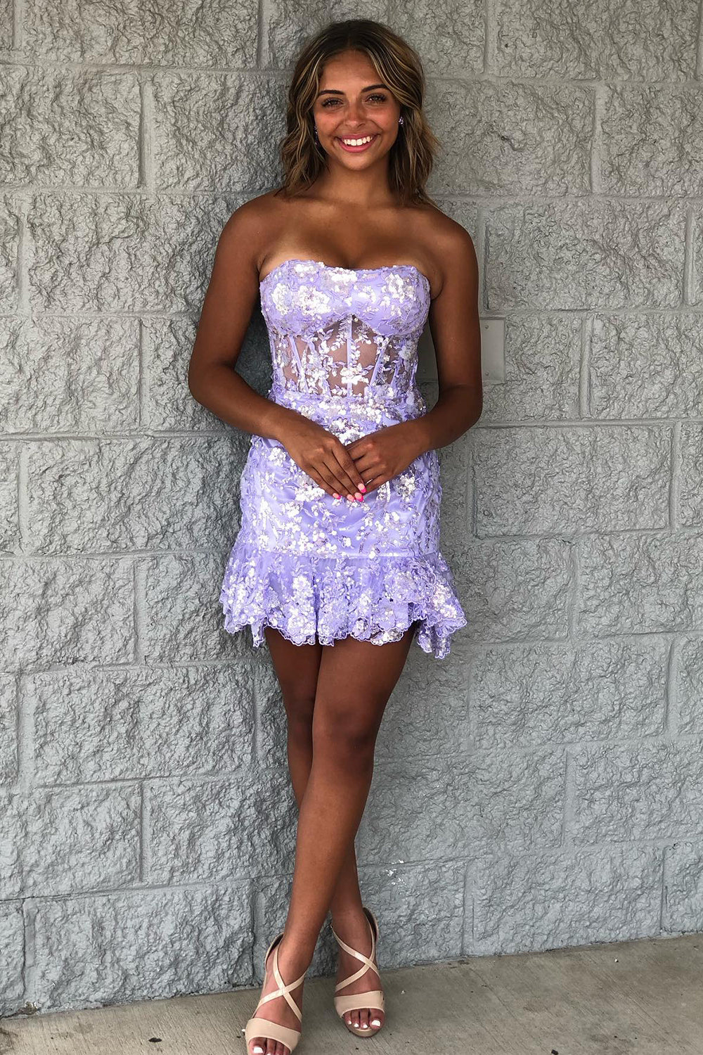Sparkly Purple Corset Tight Short Lace Homecoming Dress/Mini Dress