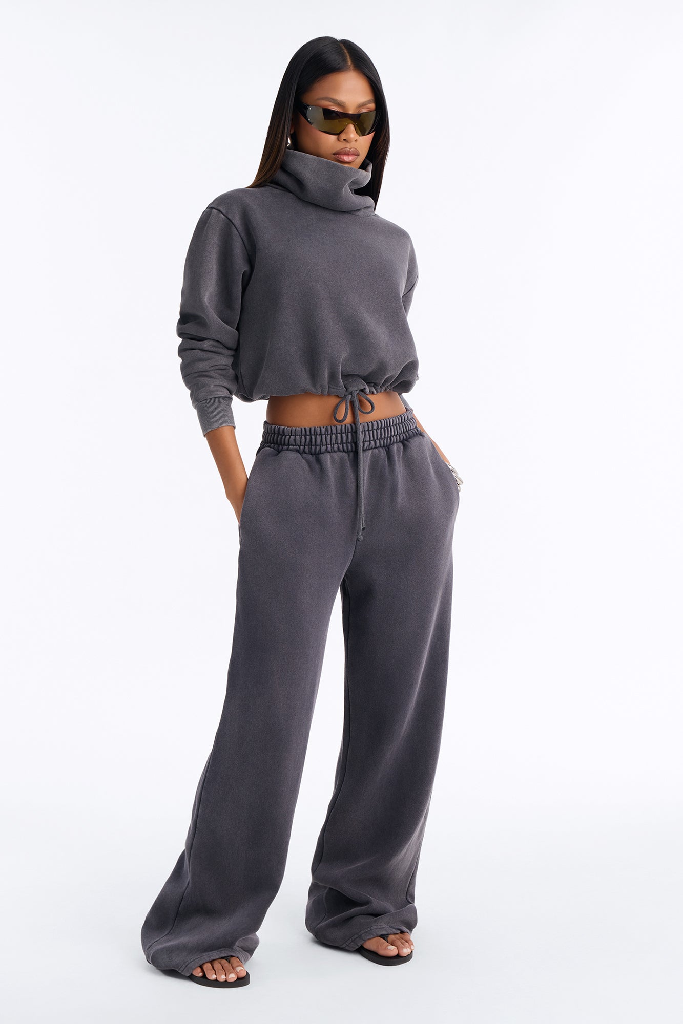 Hannah High Neck Fleece Pant Set - Charcoal