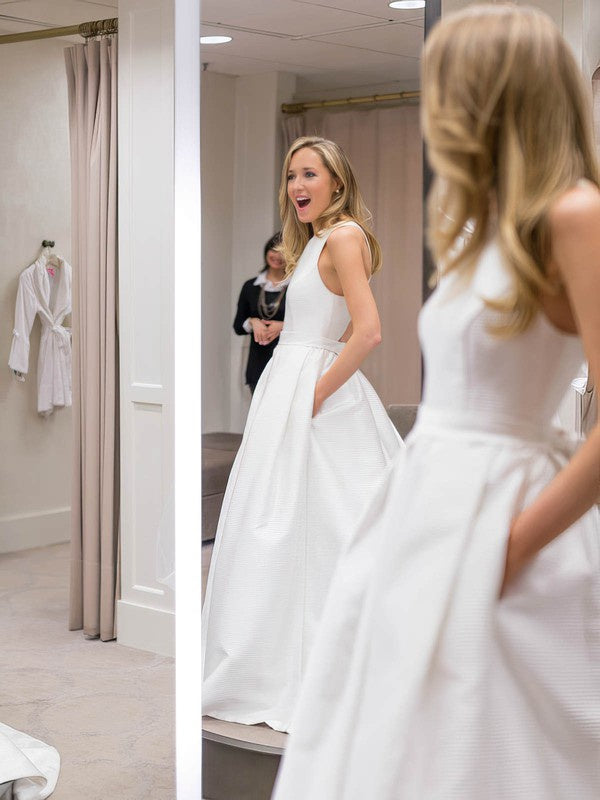 Luxurious Ball Gown Sleeveless Satin Sweep Train Wedding Dresses with Pockets