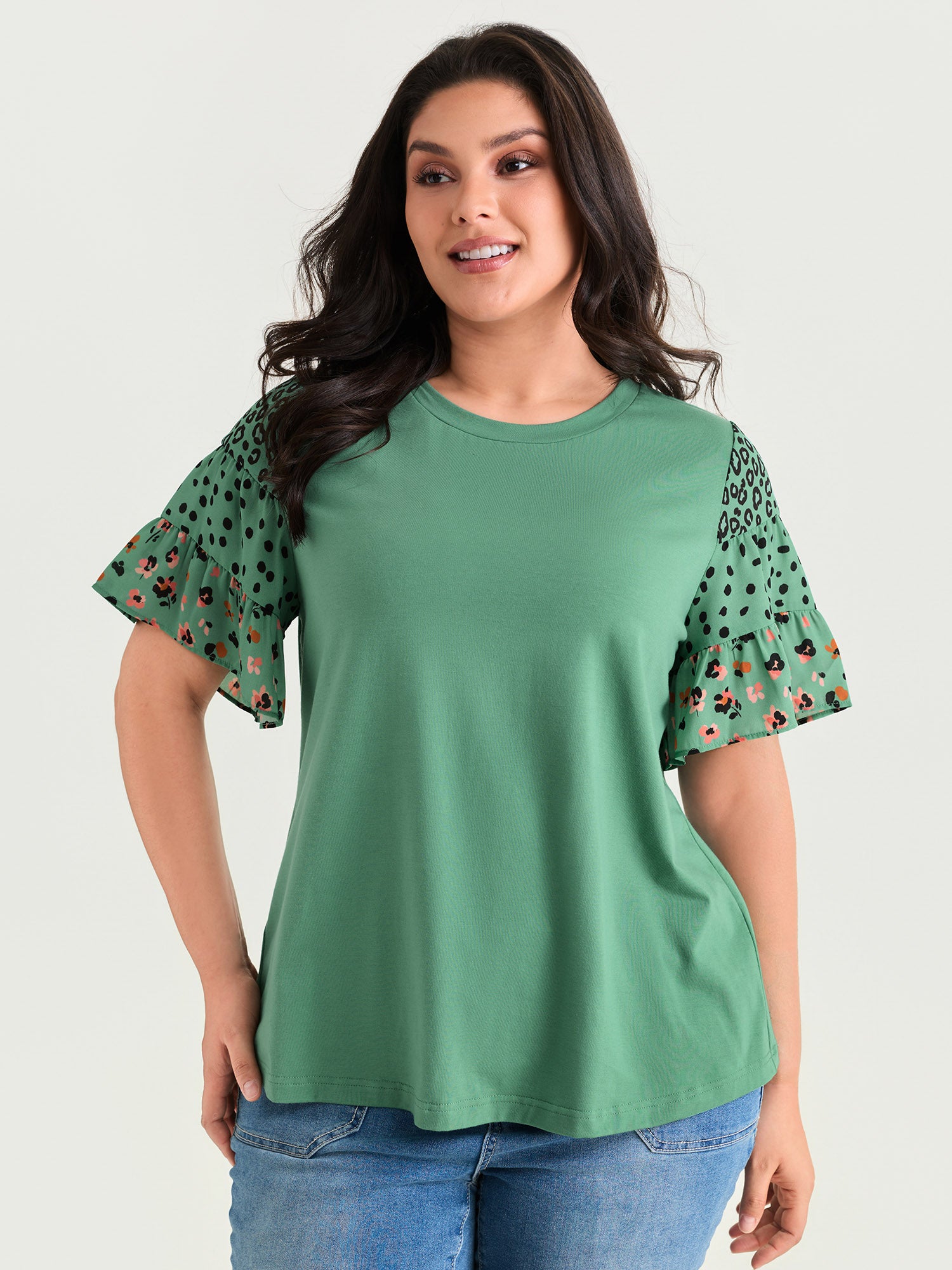 Supersoft Round Neck Color Block Floral Sleeve T-Shirt