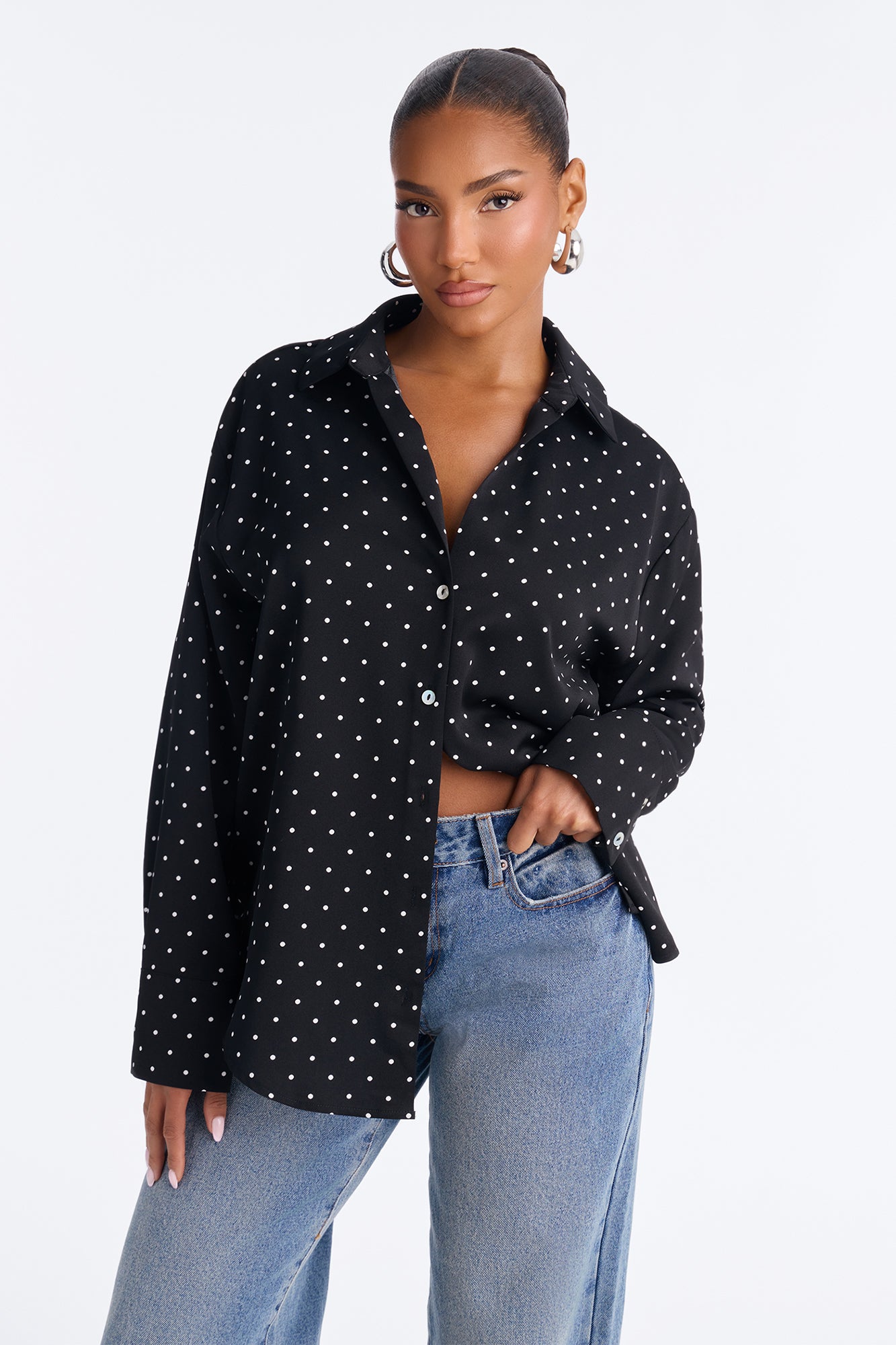 Pauline Button Up Polka Dot Satin Blouse - Black/combo