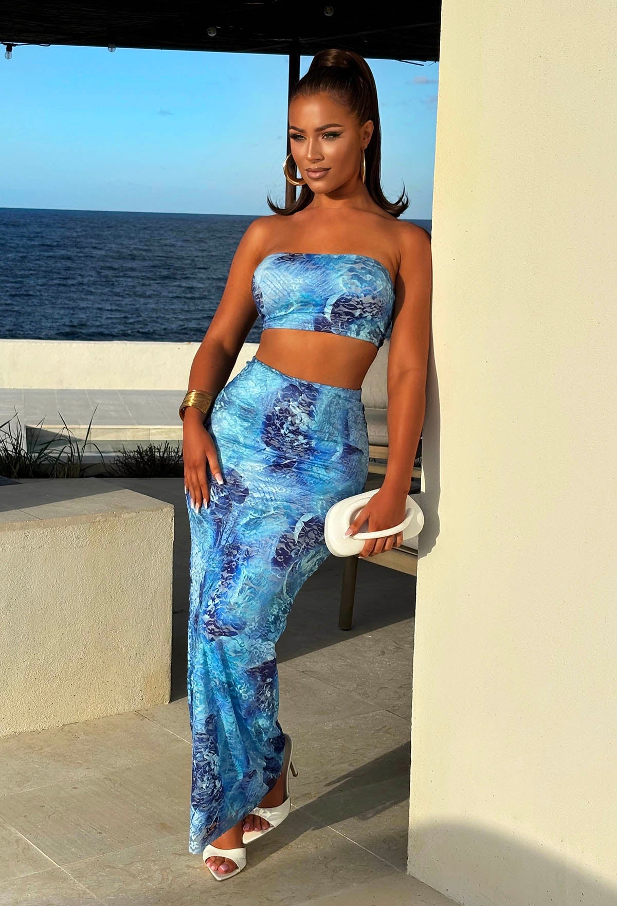 Too Hot Blue Printed Lace Skirt Co-Ord Set