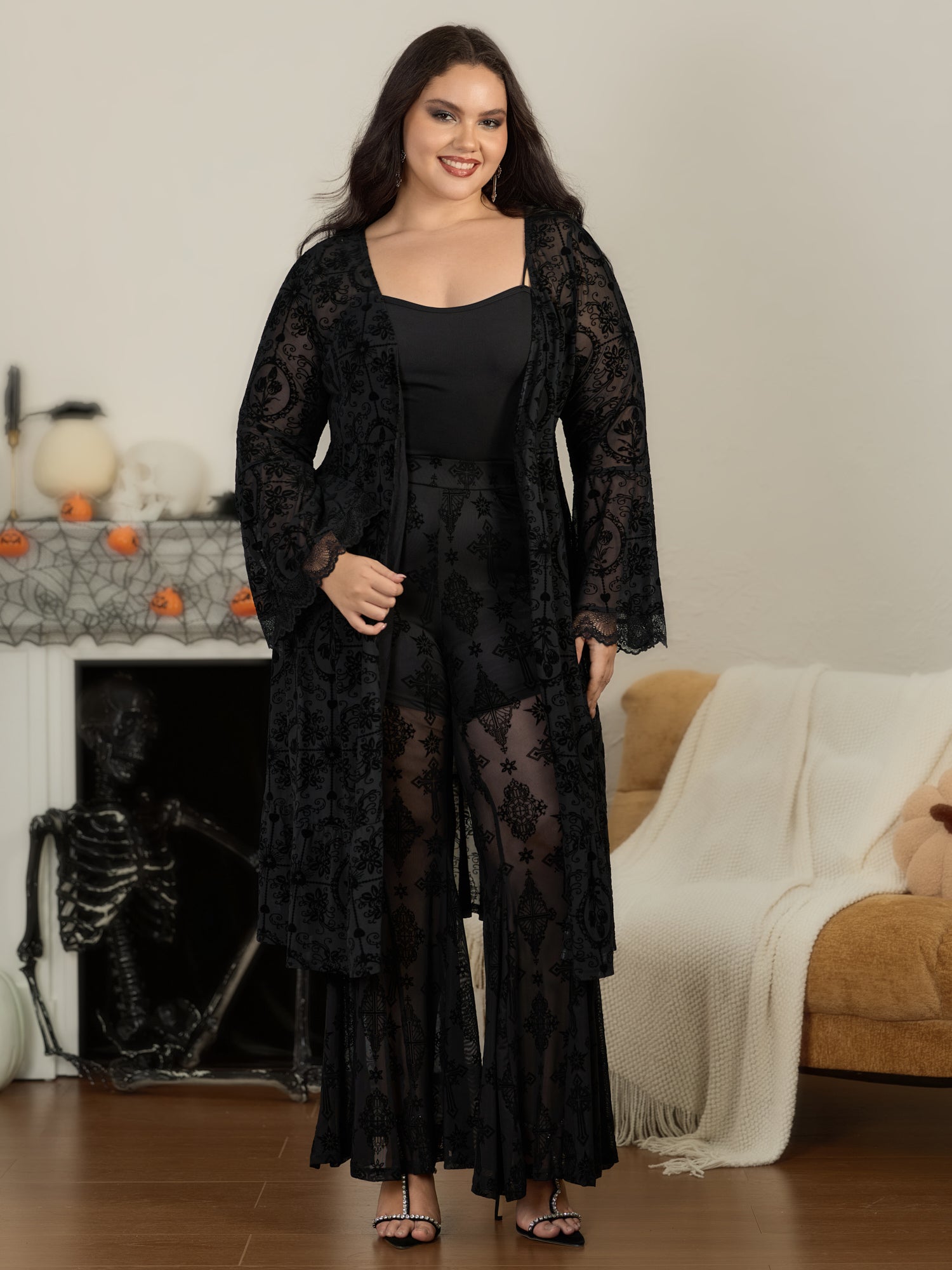 Floral Flocked Mesh Bell Sleeve Open Front Kimono