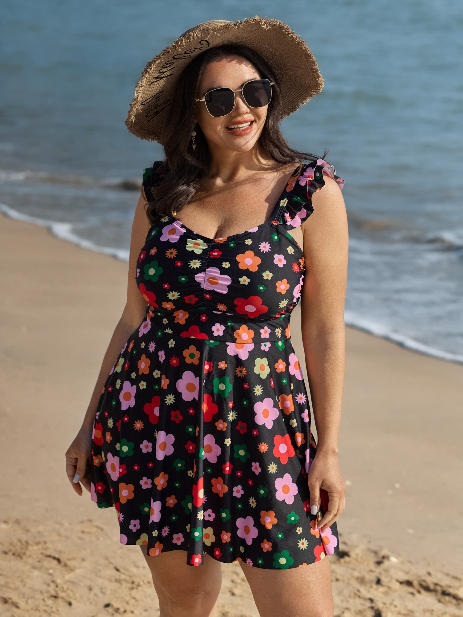 Anti-Float Tie Floral Pattern Swim Dress
