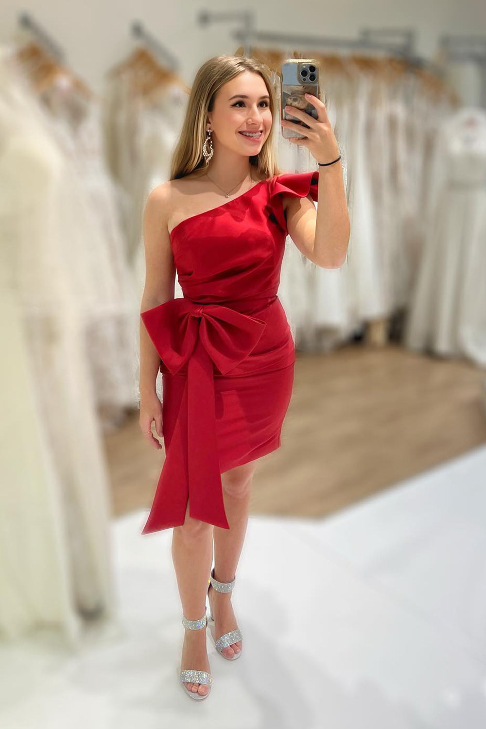 Red One Shoulder Tight Short Homecoming Dress/Mini Dress With Bow