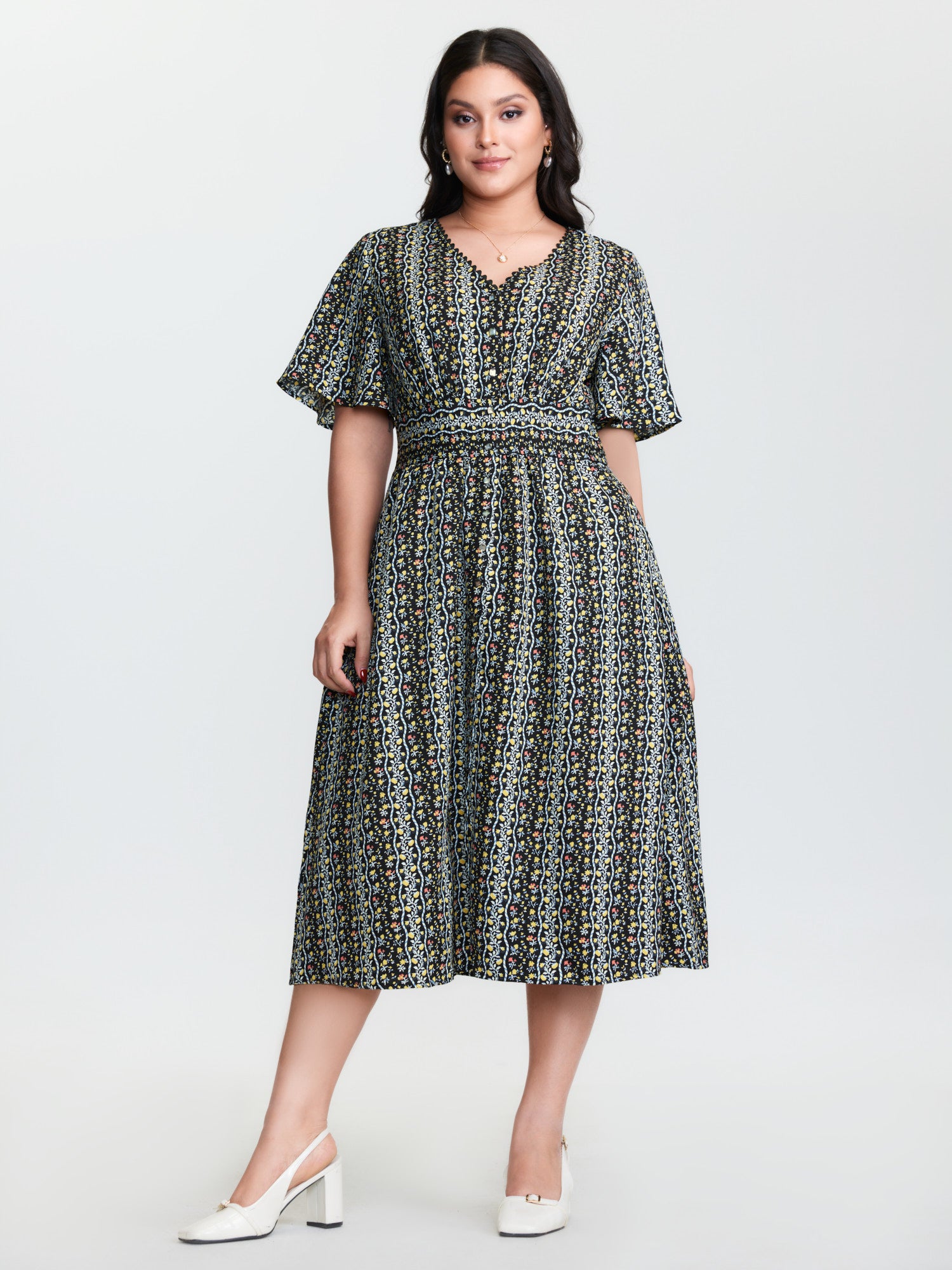 Retro Floral Striped Shirred Waist Midi Dress