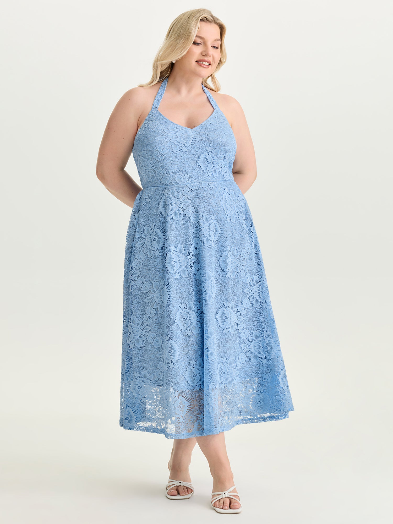 Lace Halter Neck Sleeveless A-Line Midi Dress