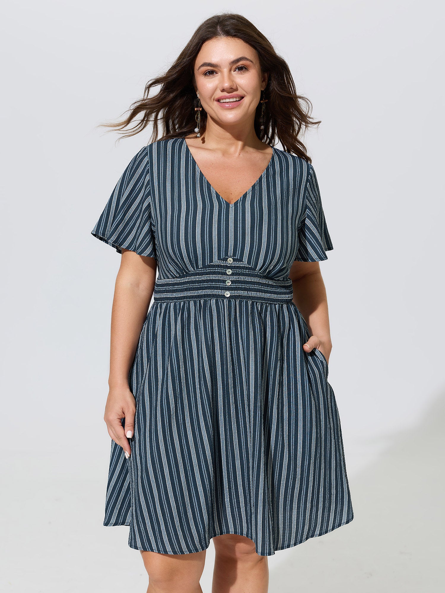 Vertical Stripe Print Shirred Waist Mini Dress