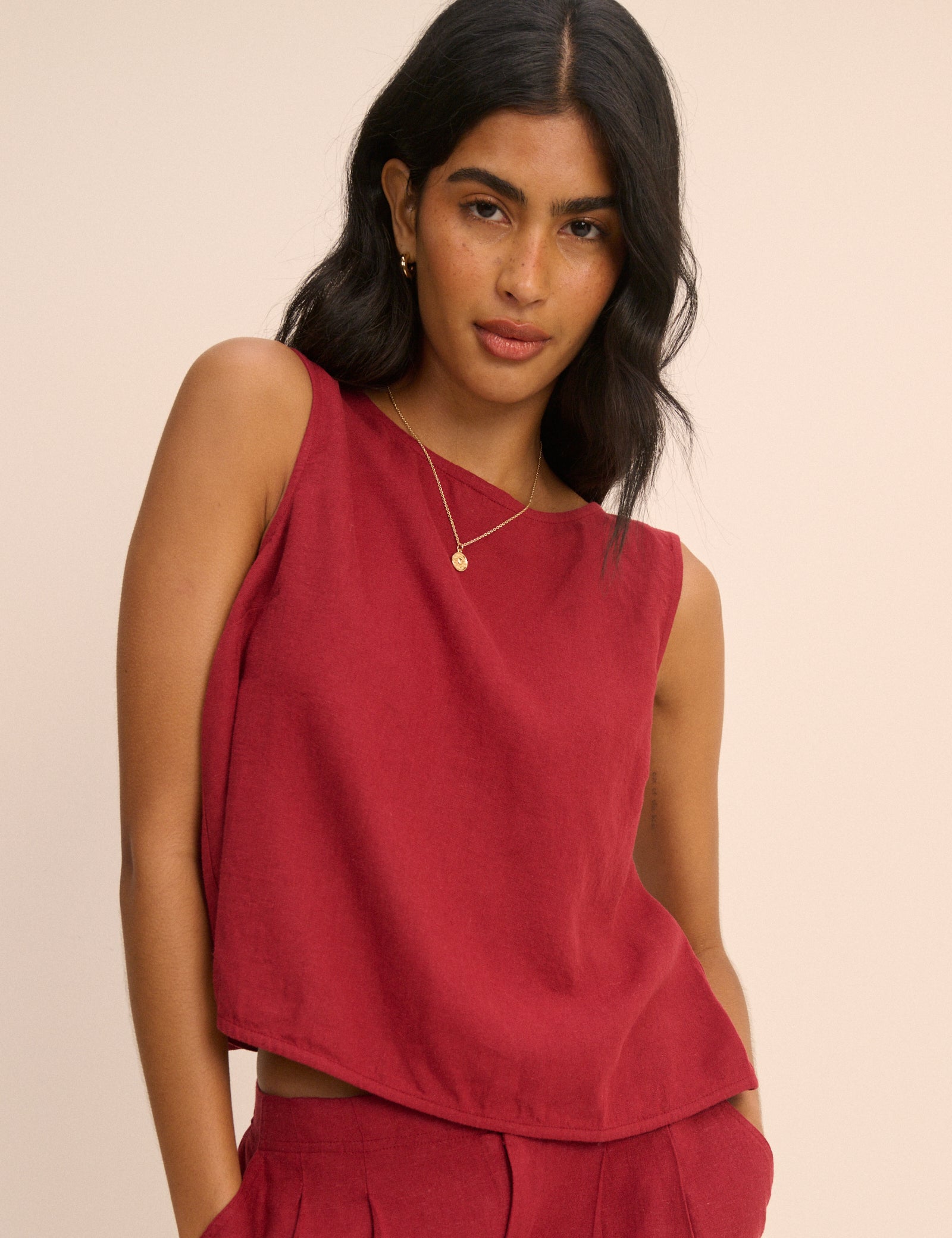 Red Linen-Rich Wrap Detail Tank Top
