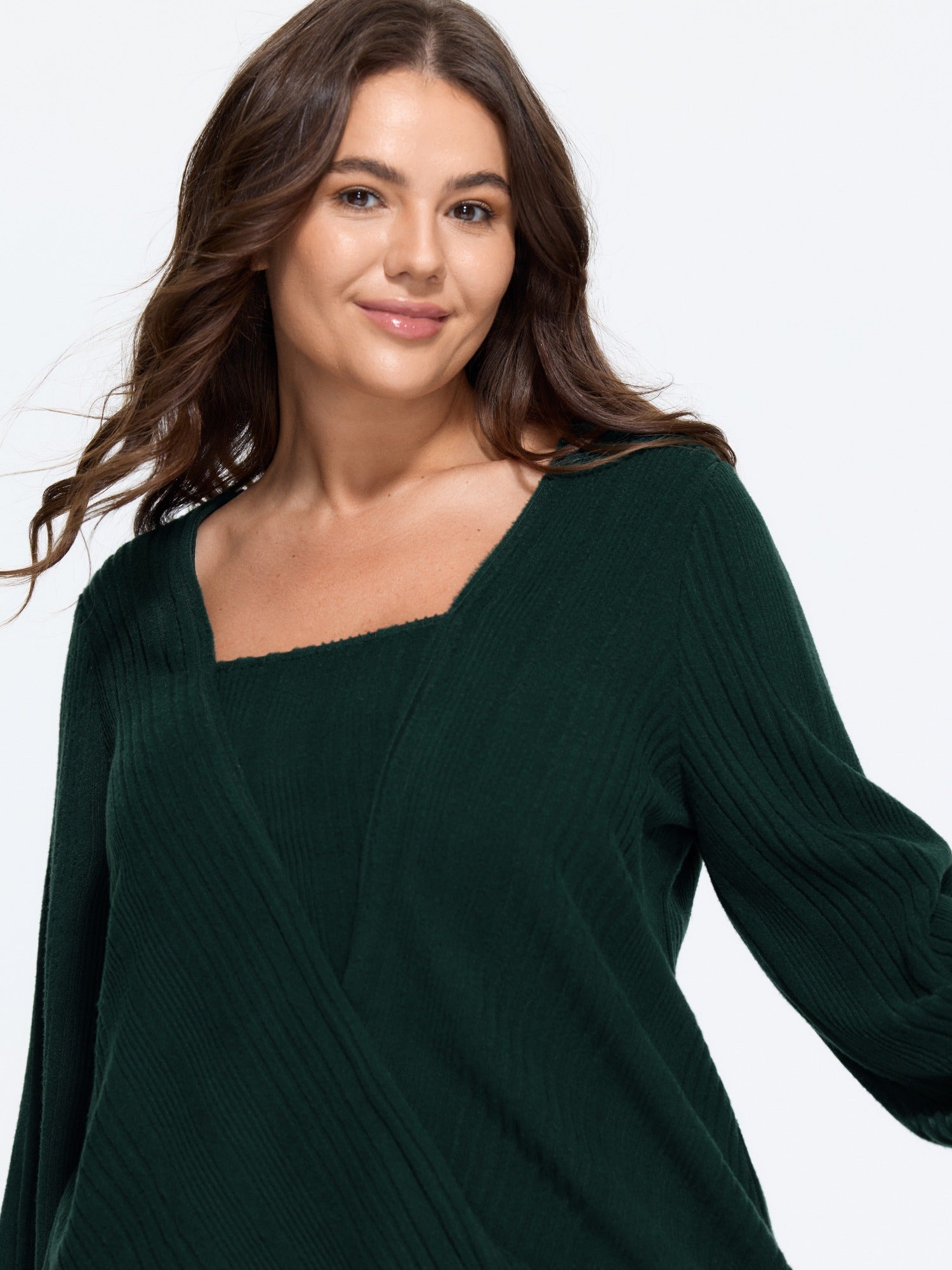Textured Lantern Sleeve Ribbed Knit Sweatshirt