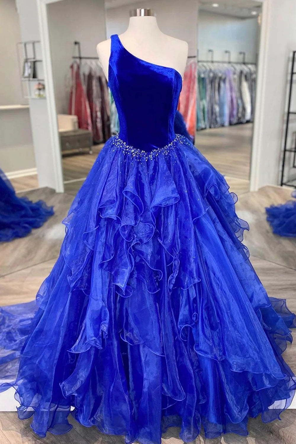 Royal Blue One-Shoulder Beaded A-Line Prom Gown