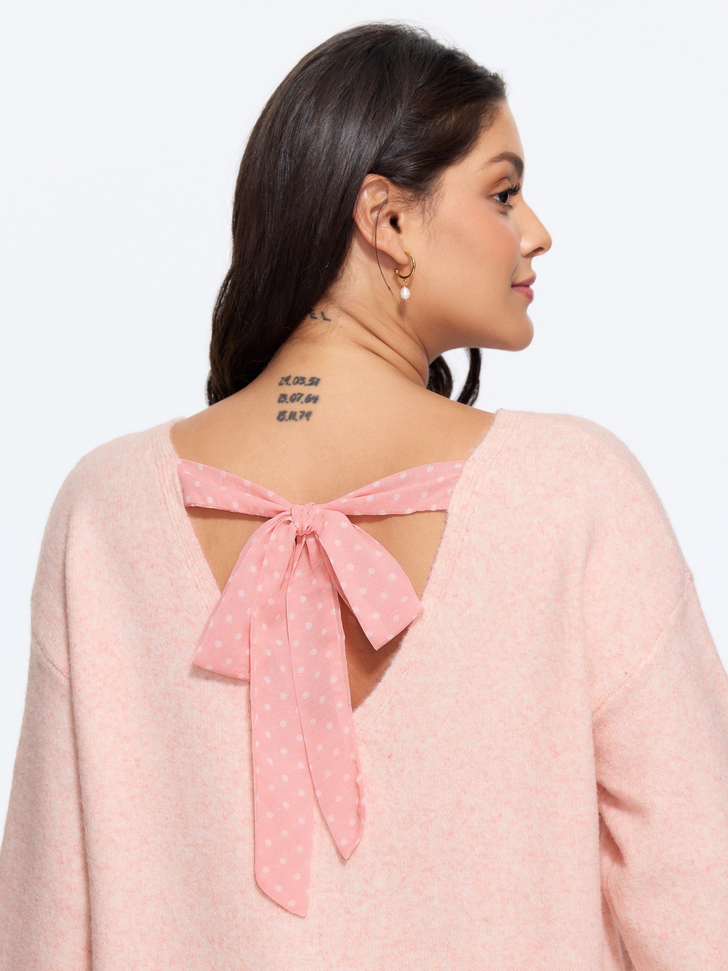 Crew Neck Back Polka‑Dot Bow Tie Pullover