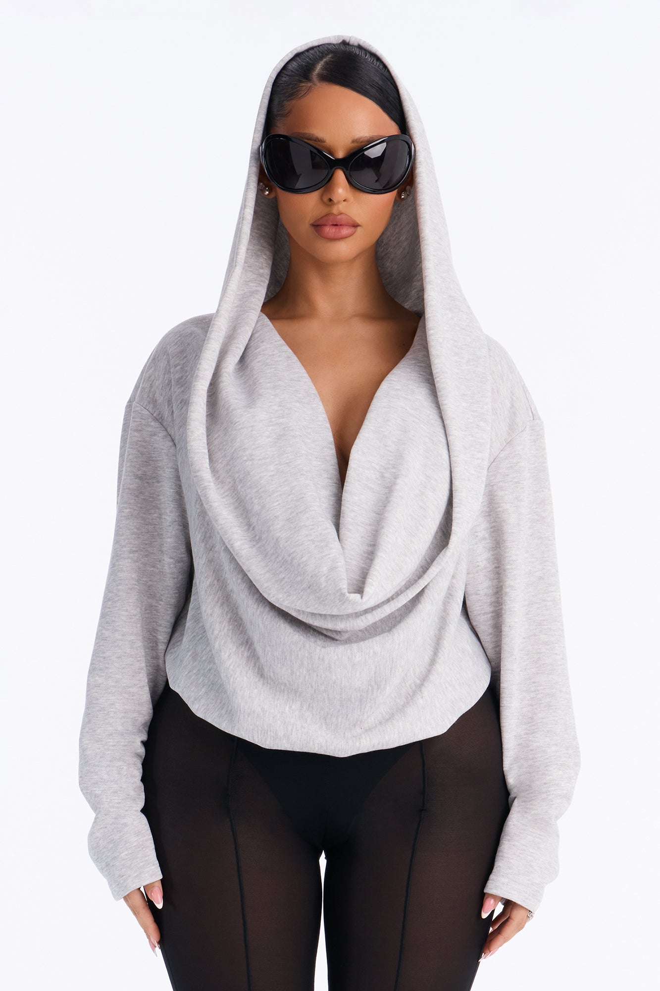 Koko Cowl Neck Hooded Long Sleeve Top - Heather Grey