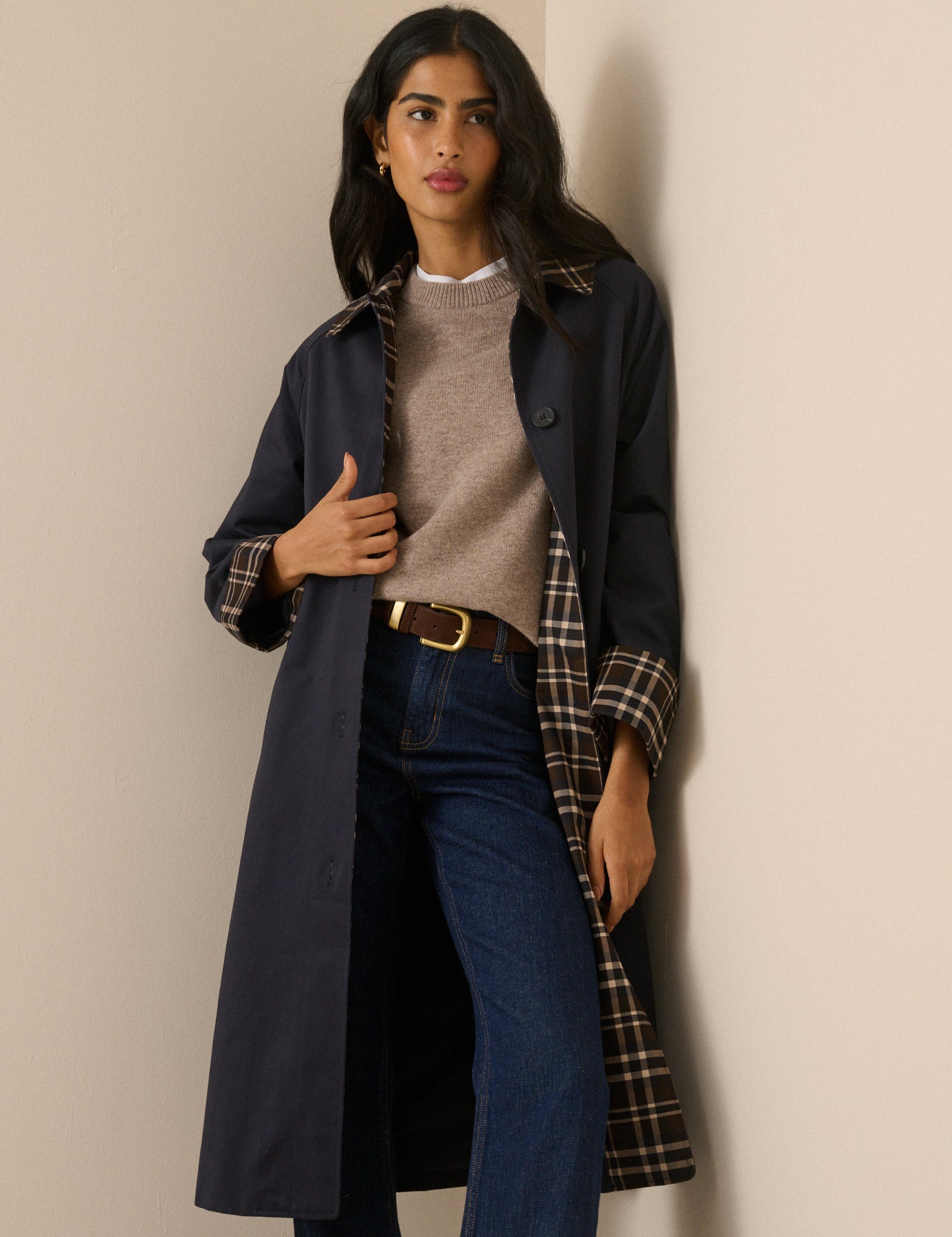 Navy Collared Tartan Trim Car Coat