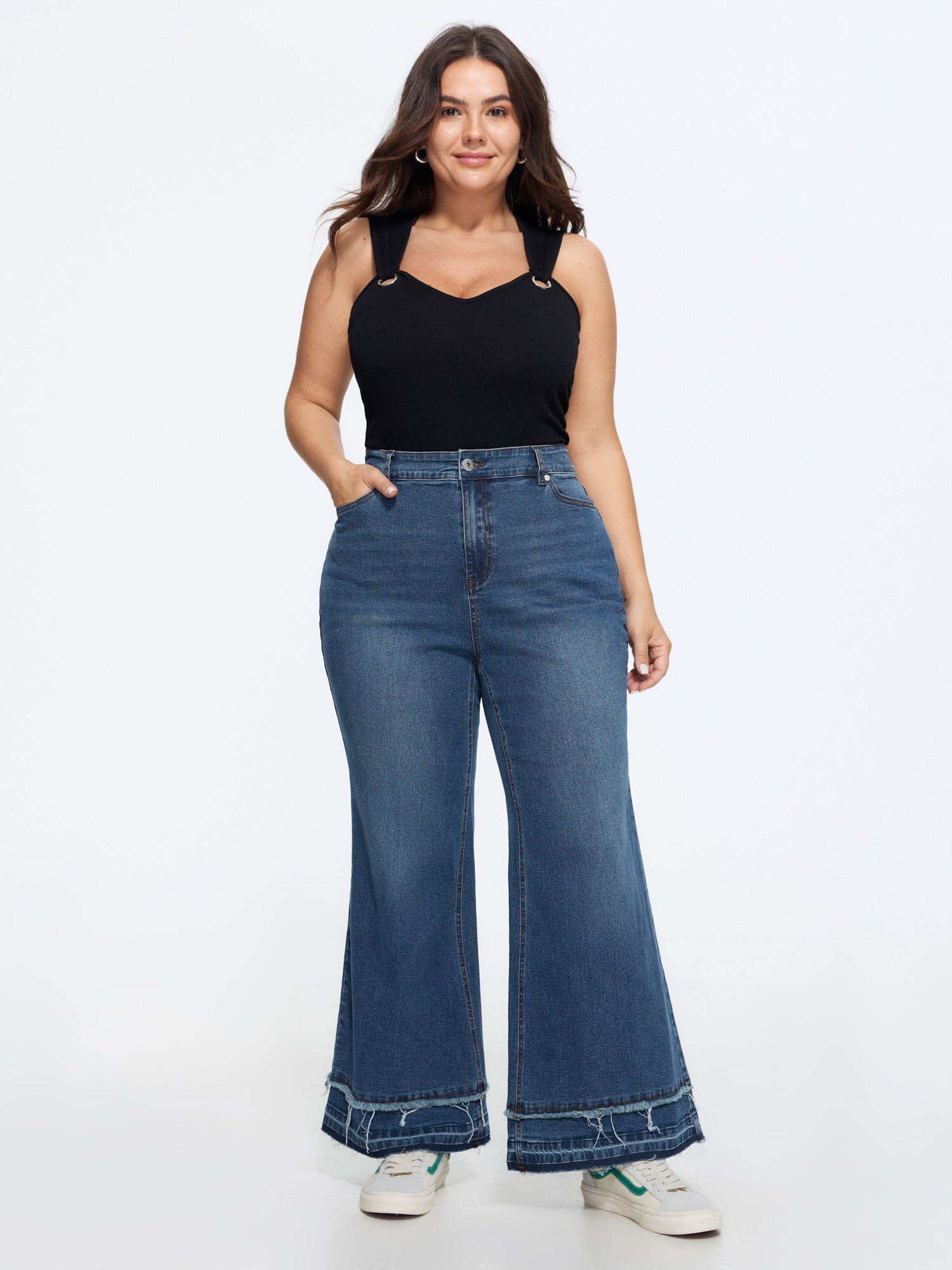 Stretchy Layered Hem High-Rise Flared Jeans