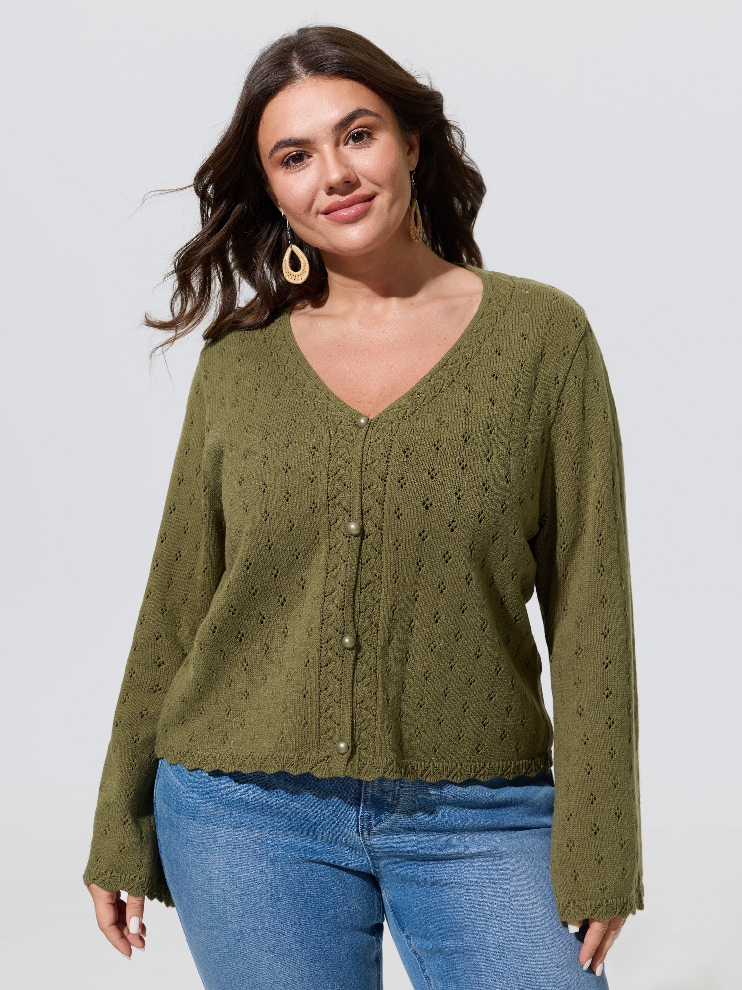 V-Neck Cut Out Scallop Trim Button Cardigan