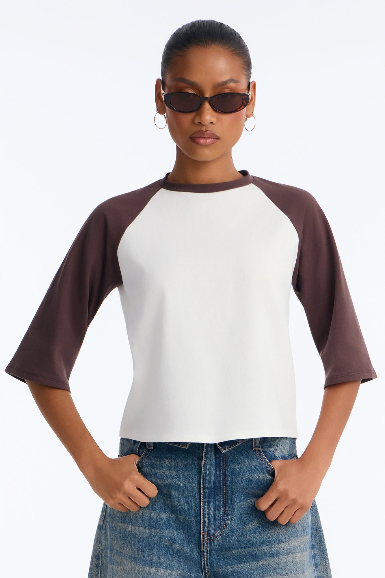Casual Day 3/4 Sleeve Raglan Top - Brown/combo