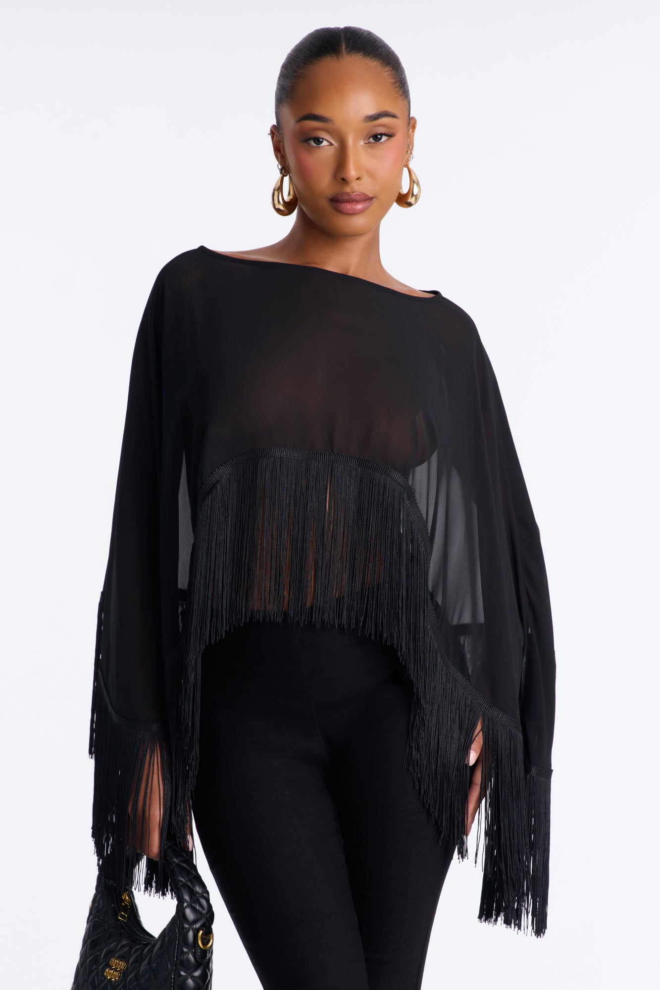 Pure Charm Fringe Chiffon Poncho - Black