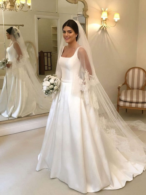 Charming Court Train Square Sleeveless Satin Ball Gown Wedding Dresses with Pockets