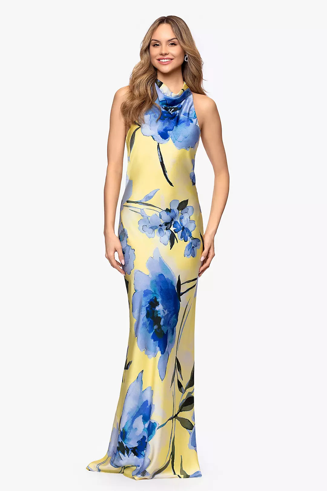 Draped Floral Print Charmeuse High Neck Dress