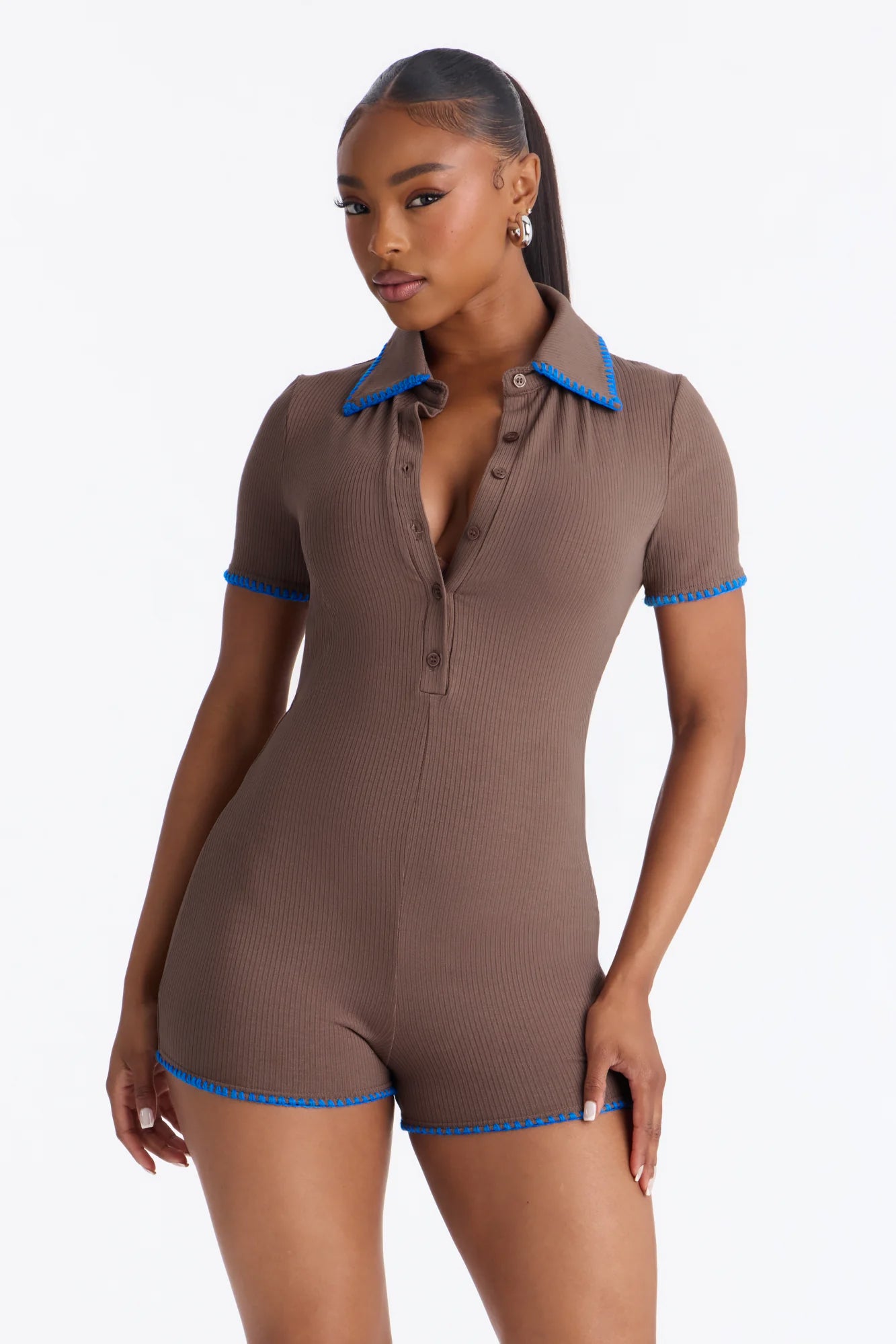 Kaia Ribbed Short Sleeve Micro Short Rompers - Brown