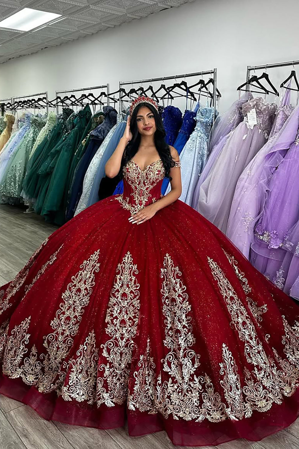 Red Sparkle Off-Shoulder Tulle Quinceanera Ball Gown with Gold Appliques
