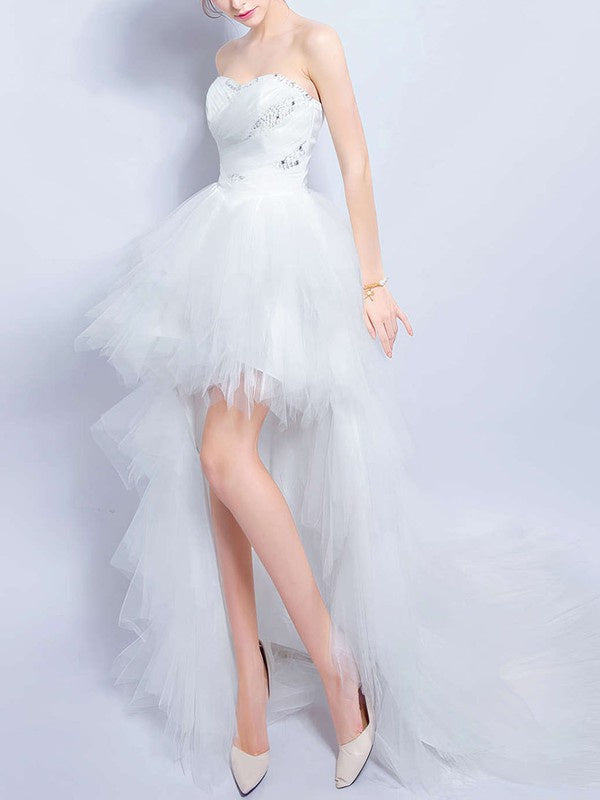 Elegant Hi-Lo Sweetheart Strapless A-Line Tulle Wedding Dresses