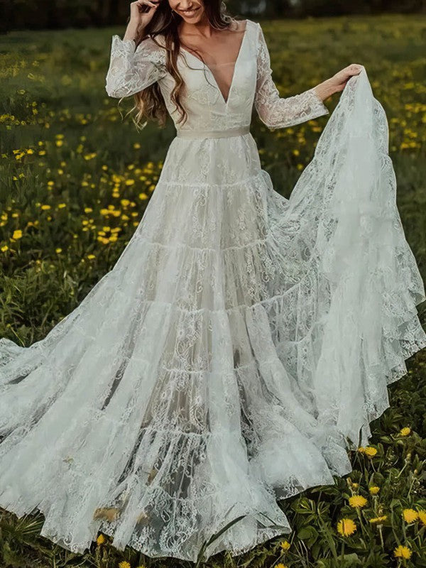 Glamorous V-Neck Long Sleeves Lace Sweep Train Wedding Dresses with Sash