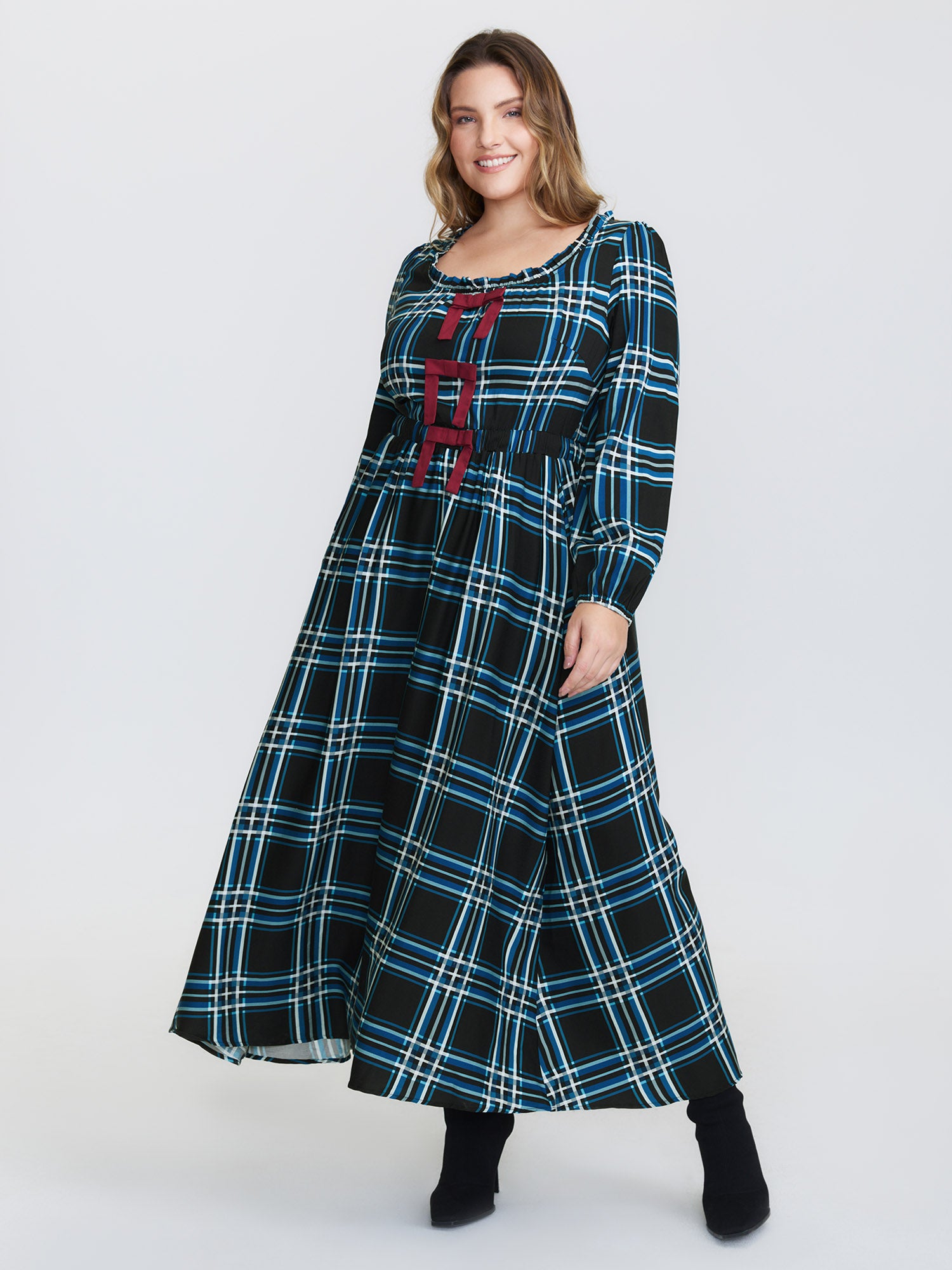 Plaid Pattern Bowknot Pockets Maxi Dress