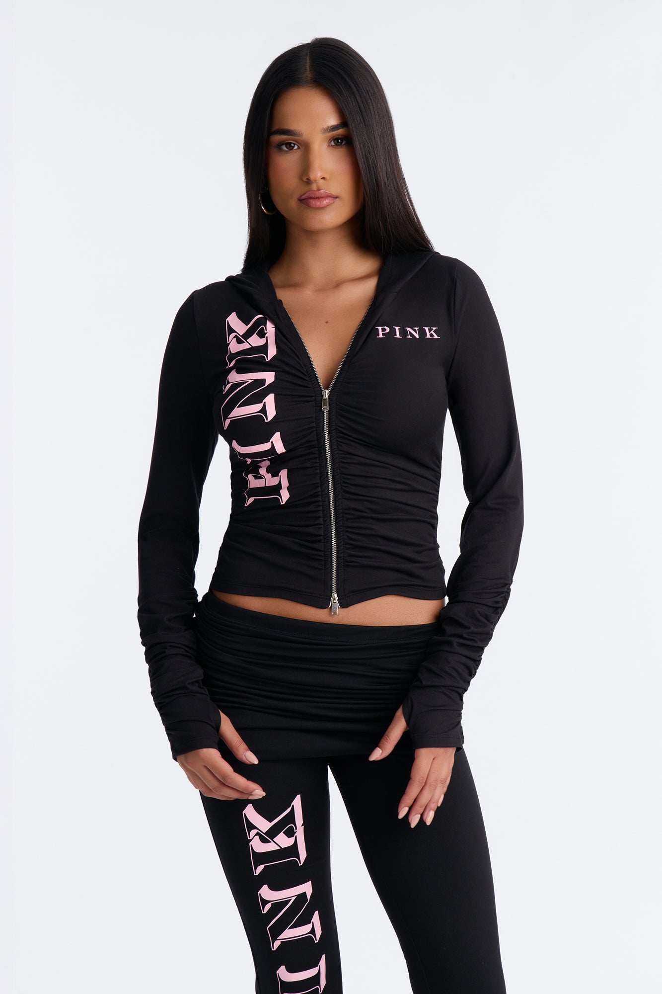 PINK London Ruched Zip-Up Sweatshirt - Black