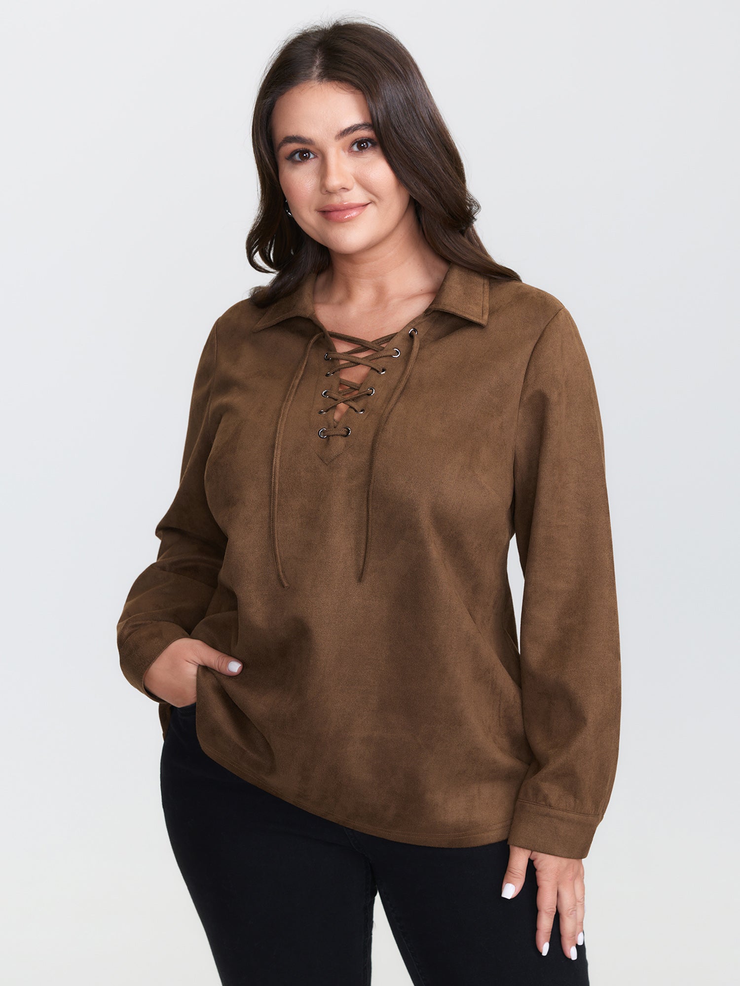 Suede Cross-Tie Neckline Curvy-Fit Blouse