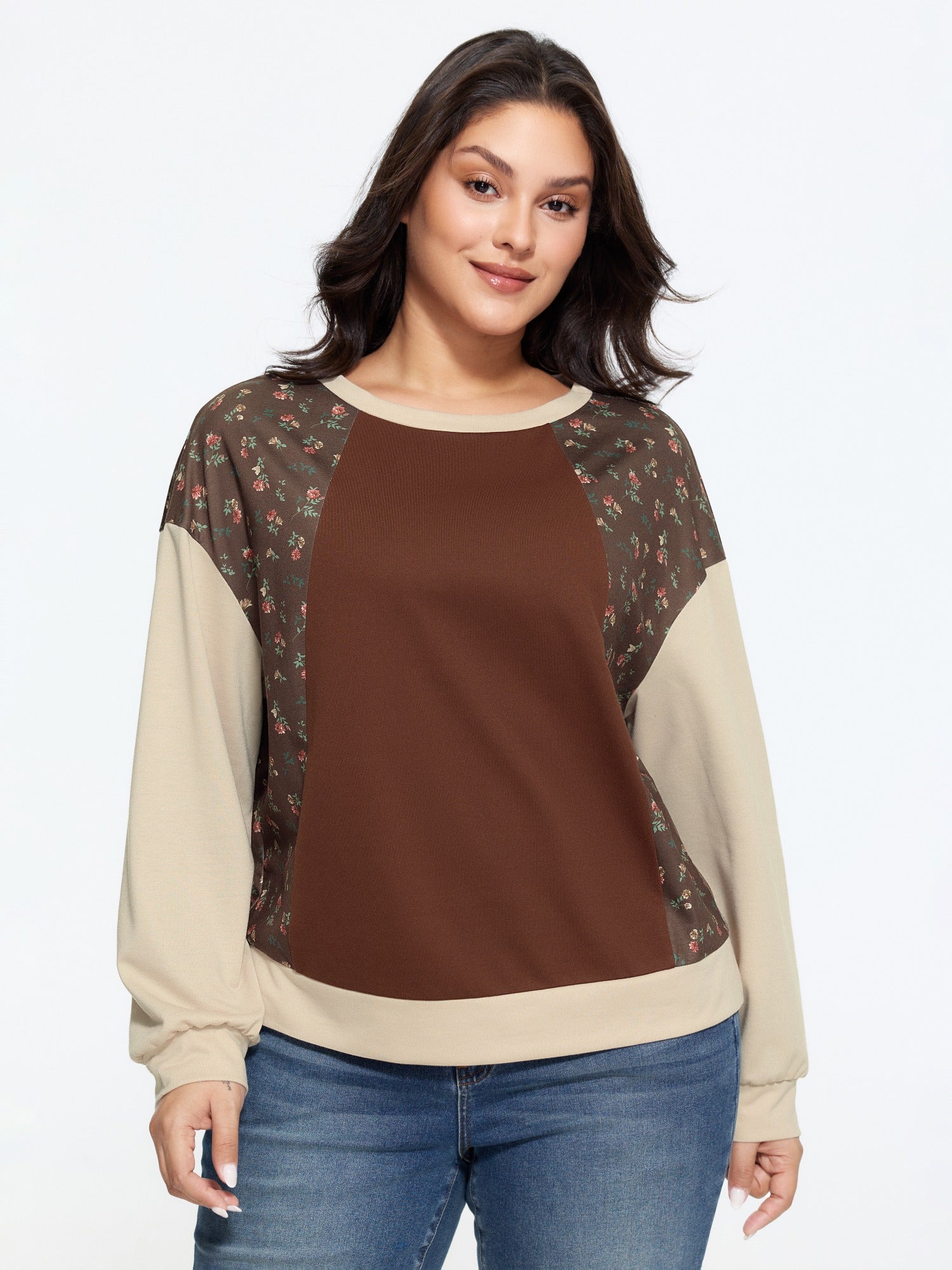 Vintage Ditsy Floral Patchwork Raglan Sleeve Loose Sweatshirt