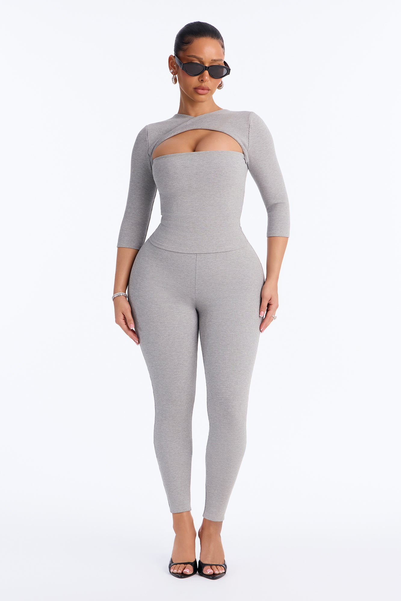 Jadyn Snatched 3/4 Sleeve Pant Set - Heather Grey