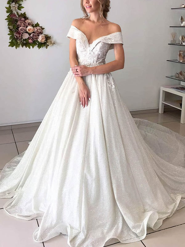 Gorgeous Off-The-Shoulder V-Neck Sequined Chapel Train Wedding Dresses