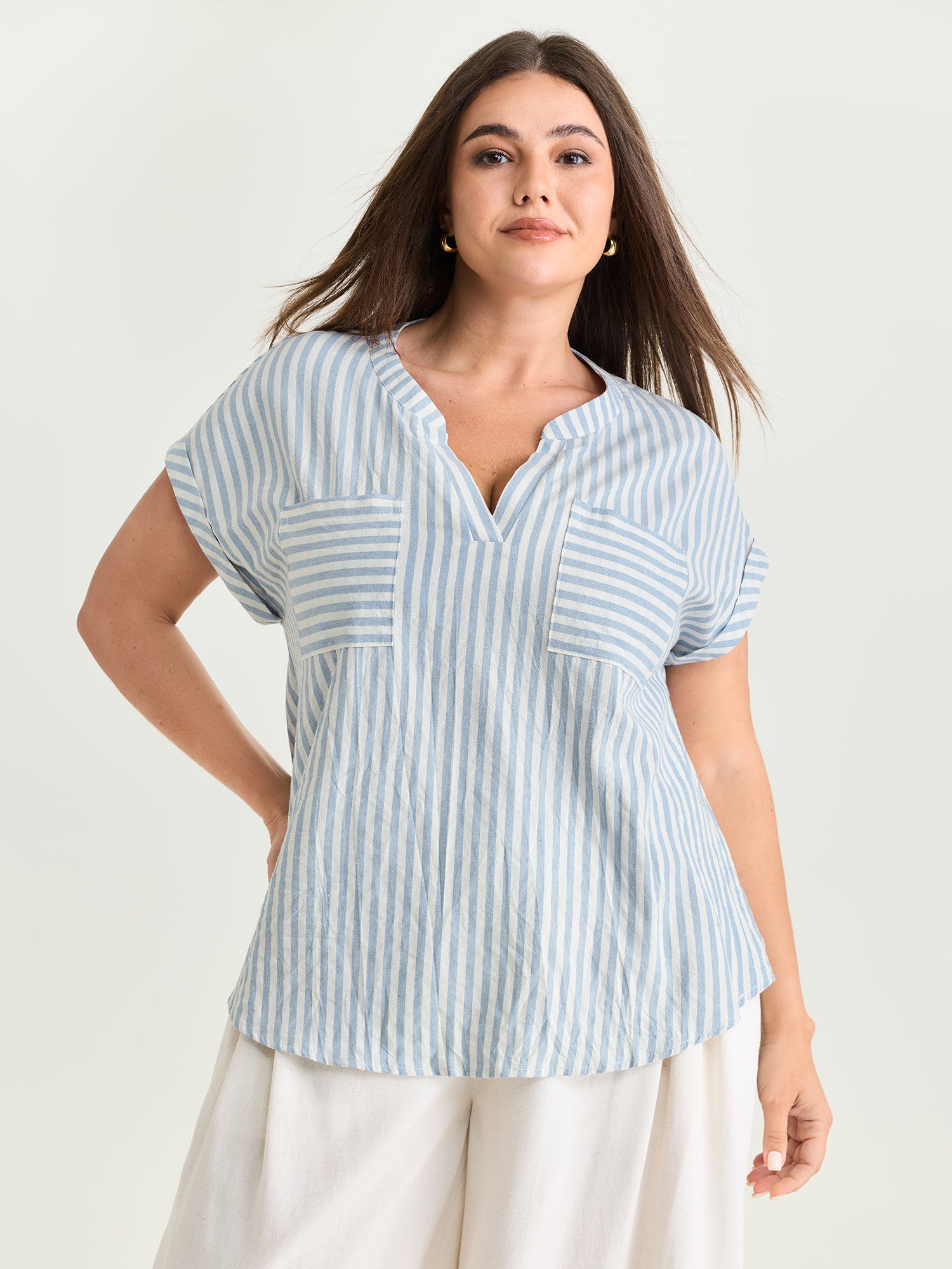 Cotton Striped Print Pockets Curvy Fit Blouse