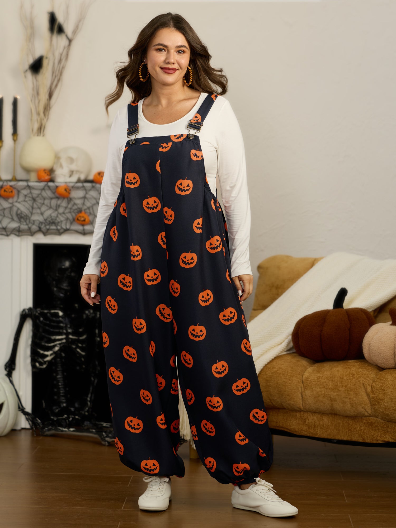 Halloween Jack‑O‑Lantern Print Adjustable Strap Overall Jumpsuit